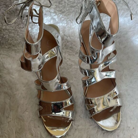 Herstyle Estrella patent metallic silver ankle straps sandals back lace size 11 - Picture 2 of 10